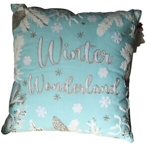 NWT Winter Wonderland Embroidered Christmas Pillow Snowflakes Turquoise 20x20